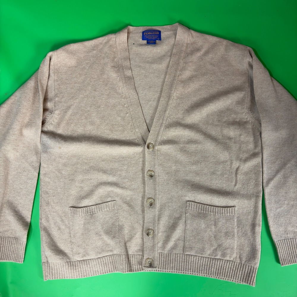 Pendleton Cardigan Sweater Mens L Beige Lambswool V-Neck Button Pocket READ